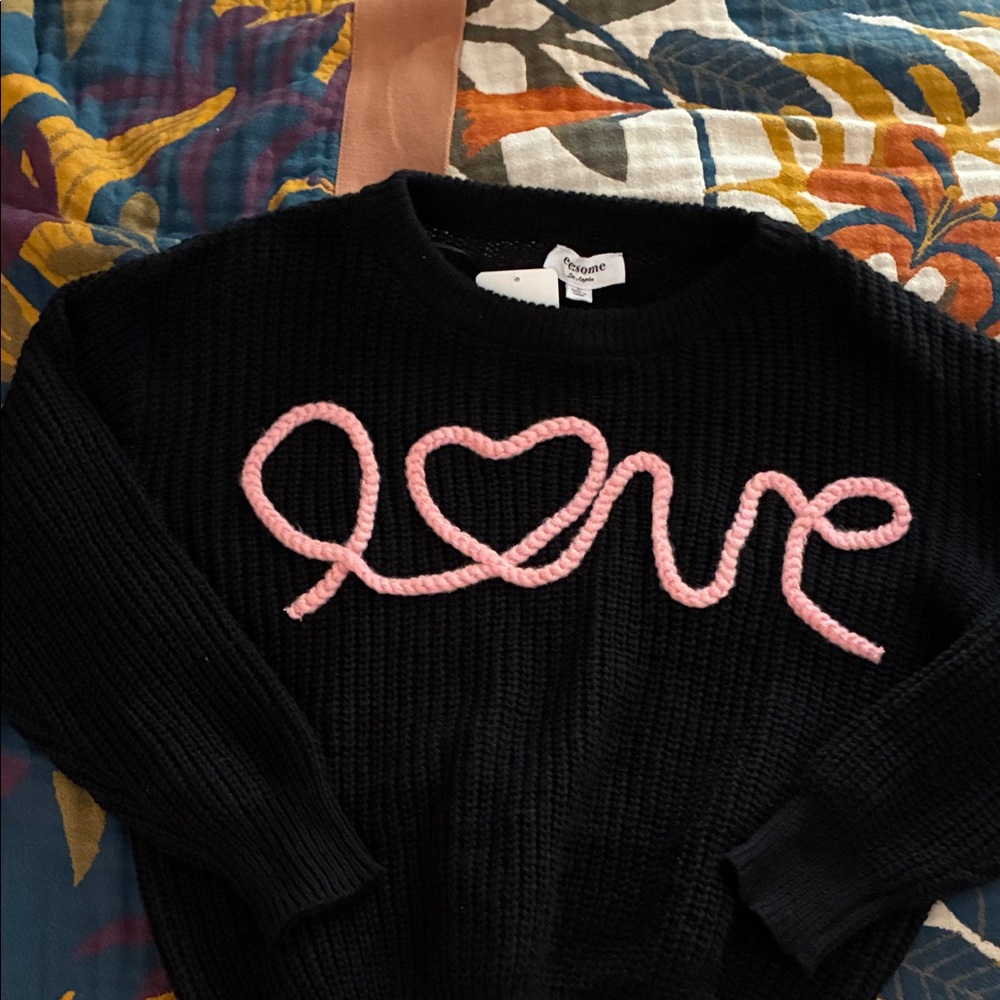 Eesome Black Sweater with Pink Love Design, oversized small. NWT